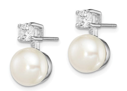 Sterling Silver Rhodium-plated 7- White Button Freshwater Cultured Pearl and CZ Post Earrings (Style QE12750)