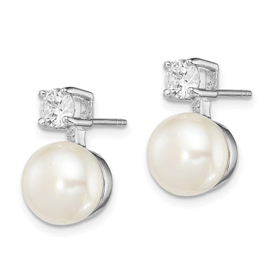 Sterling Silver Rhodium-plated White Button Freshwater Cultured Pearl and CZ Post Earrings, 15 x 7 to 8mm