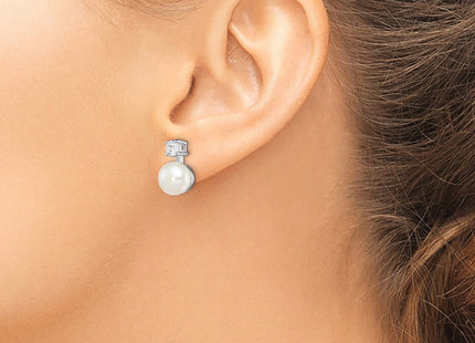 Sterling Silver Rhodium-plated 7- White Button Freshwater Cultured Pearl and CZ Post Earrings (Style QE12750)