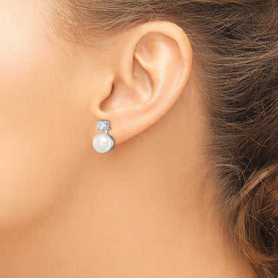 Sterling Silver Rhodium-plated White Button Freshwater Cultured Pearl and CZ Post Earrings, 15 x 7 to 8mm