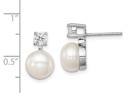 Sterling Silver Rhodium-plated 7- White Button Freshwater Cultured Pearl and CZ Post Earrings (Style QE12750)