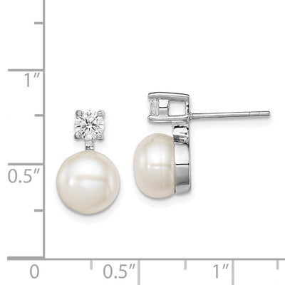 Sterling Silver Rhodium-plated White Button Freshwater Cultured Pearl and CZ Post Earrings, 15 x 7 to 8mm