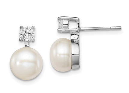Sterling Silver Rhodium-plated 7- White Button Freshwater Cultured Pearl and CZ Post Earrings (Style QE12750)
