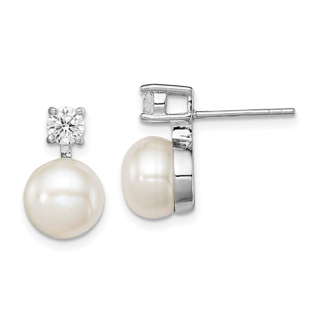 Sterling Silver Rhodium-plated 7- White Button Freshwater Cultured Pearl and CZ Post Earrings, 15 x 7 to 8mm