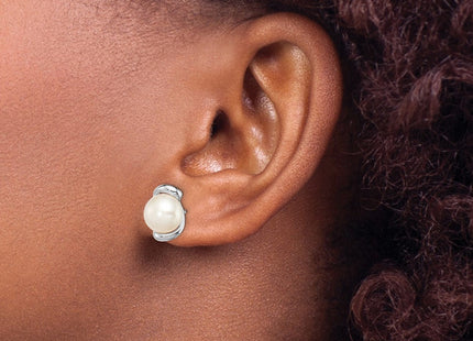 Sterling Silver Rhodium-plated 8- White Button Freshwater Cultured Pearl Post Earrings (Style QE12752)