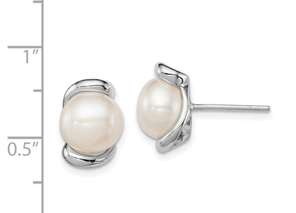 Sterling Silver Rhodium-plated 8- White Button Freshwater Cultured Pearl Post Earrings (Style QE12752)