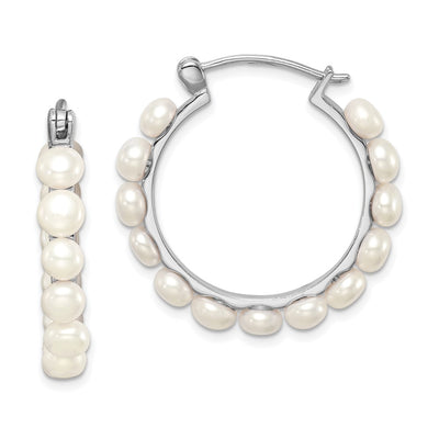 Sterling Silver Rhodium-plated White Button Freshwater Cultured Pearl Hoop Earrings