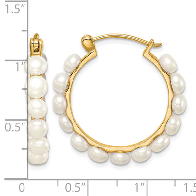 Sterling Silver Gold-plated White Button Freshwater Cultured Pearl Hoop Earrings