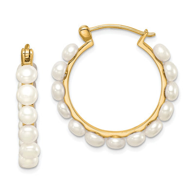 Sterling Silver Gold-plated White Button Freshwater Cultured Pearl Hoop Earrings