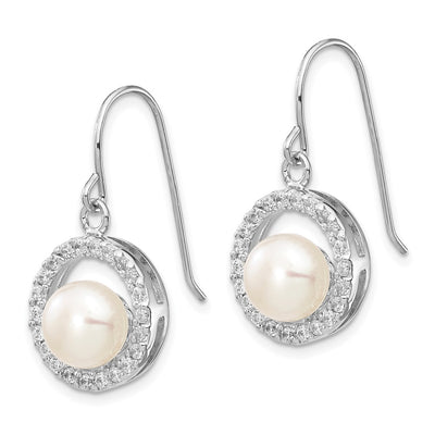 Sterling Silver Rhodium-plated White Button Freshwater Cultured Pearl and CZ Dangle Earrings