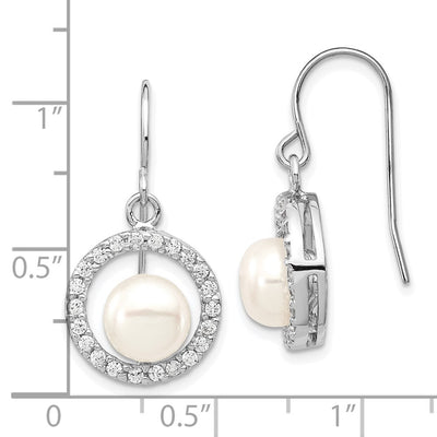 Sterling Silver Rhodium-plated White Button Freshwater Cultured Pearl and CZ Dangle Earrings
