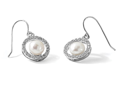 Sterling Silver Rhodium-plated 7- White Button Freshwater Cultured Pearl and CZ Dangle Earrings