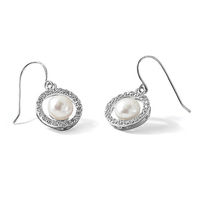 Sterling Silver Rhodium-plated White Button Freshwater Cultured Pearl and CZ Dangle Earrings