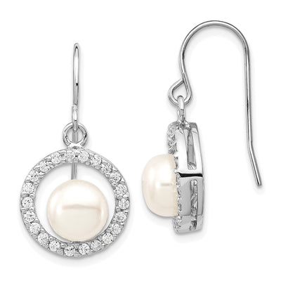 Sterling Silver Rhodium-plated White Button Freshwater Cultured Pearl and CZ Dangle Earrings