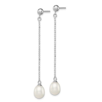 Sterling Silver Rhodium-plated White Rice Freshwater Cultured Pearl Post Dangle Earrings, 51 x 7 to 8mm