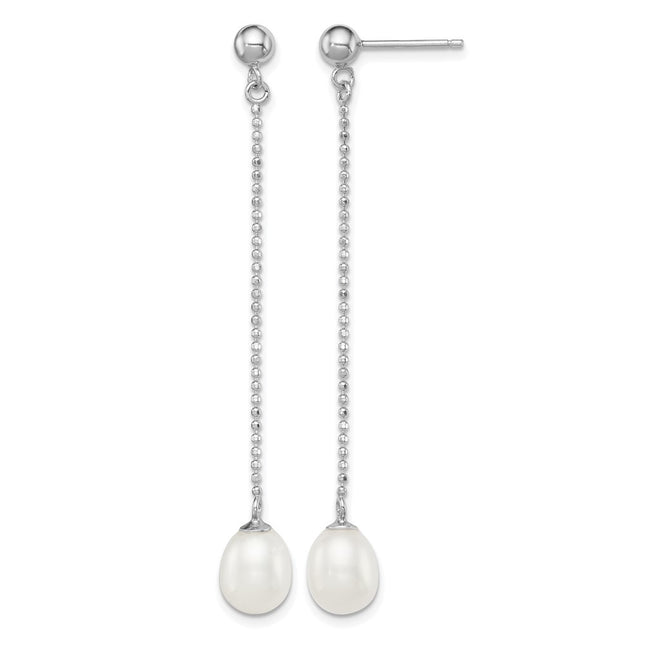 Sterling Silver Rhodium-plated 7- White Rice Freshwater Cultured Pearl Post Dangle Earrings, 51 x 7 to 8mm