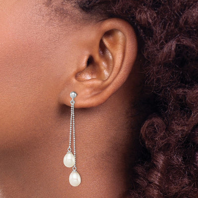 Sterling Silver Rhodium-plated White Rice Freshwater Cultured Pearl Post Dangle Earrings, 51 x 8mm