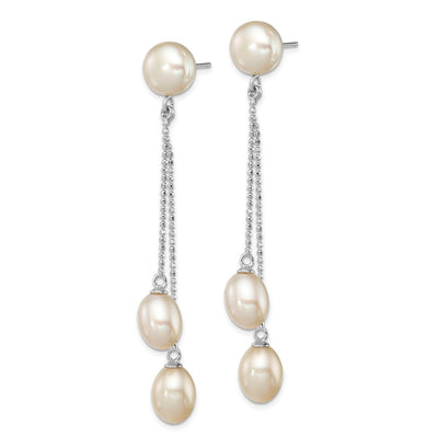 Sterling Silver Rhodium-plated White Rice and Button Freshwater Cultured 3-Pearl Post Dangle Earrings