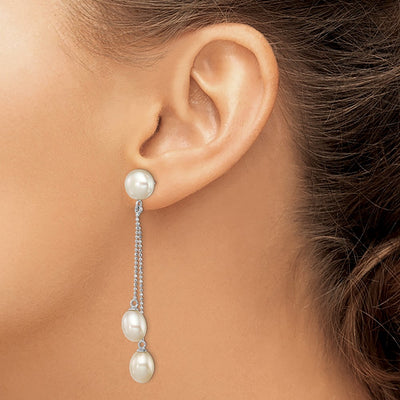 Sterling Silver Rhodium-plated White Rice and Button Freshwater Cultured 3-Pearl Post Dangle Earrings