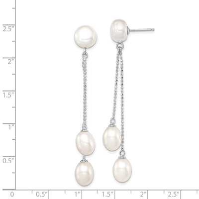 Sterling Silver Rhodium-plated White Rice and Button Freshwater Cultured 3-Pearl Post Dangle Earrings