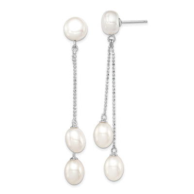 Sterling Silver Rhodium-plated White Rice and Button Freshwater Cultured 3-Pearl Post Dangle Earrings