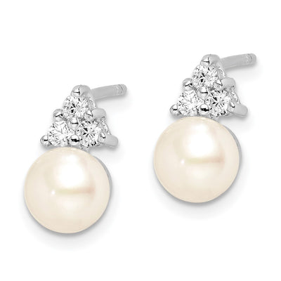 Sterling Silver Rhodium-plated White Button Freshwater Cultured Pearl and CZ Post Earrings, 11 x 6 to 7mm