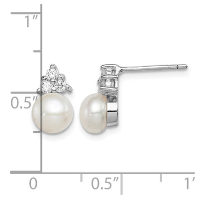 Sterling Silver Rhodium-plated White Button Freshwater Cultured Pearl and CZ Post Earrings, 11 x 6 to 7mm