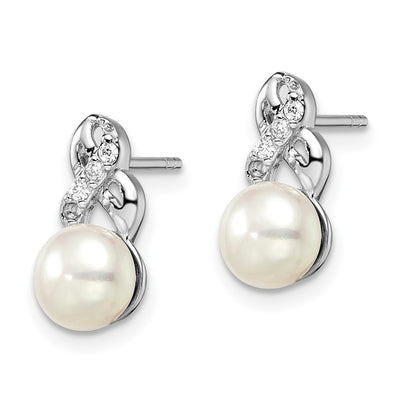 Sterling Silver Rhodium-plated White Button Freshwater Cultured Pearl and CZ Post Earrings, 13 x 6 to 7mm