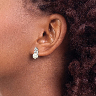 Sterling Silver Rhodium-plated White Button Freshwater Cultured Pearl and CZ Post Earrings, 13 x 6 to 7mm