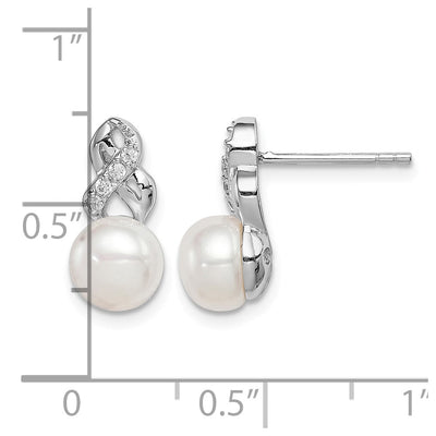 Sterling Silver Rhodium-plated White Button Freshwater Cultured Pearl and CZ Post Earrings, 13 x 6 to 7mm