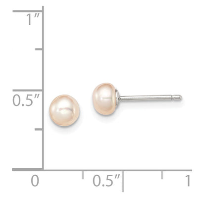 Sterling Silver Rhodium-plated Pink Button Freshwater Cultured Pearl Post Earrings, 4 to 5 x 4 to 4.5mm
