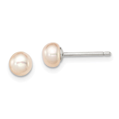 Sterling Silver Rhodium-plated Pink Button Freshwater Cultured Pearl Post Earrings, 4 to 5 x 4 to 4.5mm