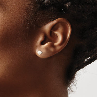 Sterling Silver Rhodium-plated White Button Freshwater Cultured Pearl Post Earrings, 4 to 5 x 4 to 4.5mm