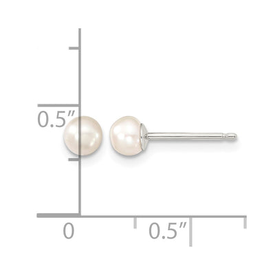 Sterling Silver Rhodium-plated White Button Freshwater Cultured Pearl Post Earrings, 4 to 5 x 4 to 4.5mm