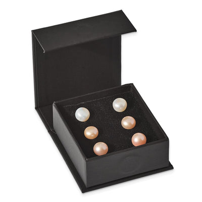 Sterling Silver Rhodium-plated White, Pink and Purple Button Freshwater Cultured Pearl Set of 3 Post Earrings