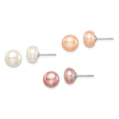 Sterling Silver Rhodium-plated White, Pink and Purple Button Freshwater Cultured Pearl Set of 3 Post Earrings