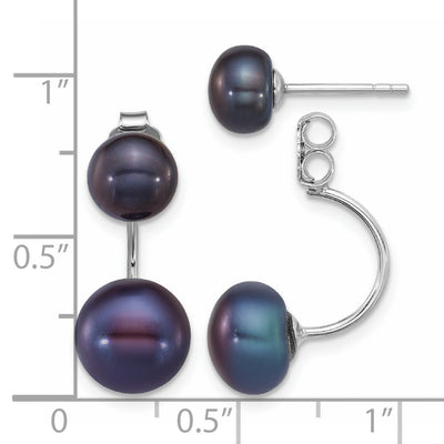 Sterling Silver Rhodium-plated and Black Button Freshwater Cultured Pearl Front and Back Post Dangle Earrings