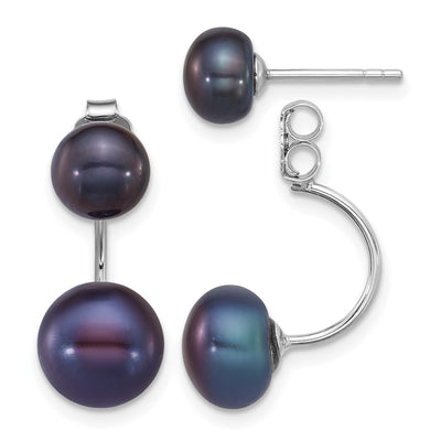 Sterling Silver Rhodium-plated and Black Button Freshwater Cultured Pearl Front and Back Post Dangle Earrings