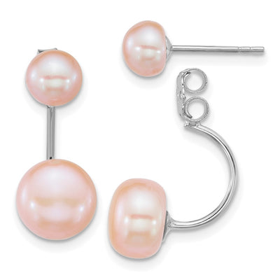 Sterling Silver Rhodium-plated and Pink Button Freshwater Cultured Pearl Front and Back Post Dangle Earrings