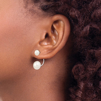 Sterling Silver Rhodium-plated and White Button Freshwater Cultured Pearl Front and Back Post Dangle Earrings