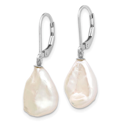 Sterling Silver Rhodium-plated White Keshi Freshwater Cultured Pearl Leverback Dangle Earrings