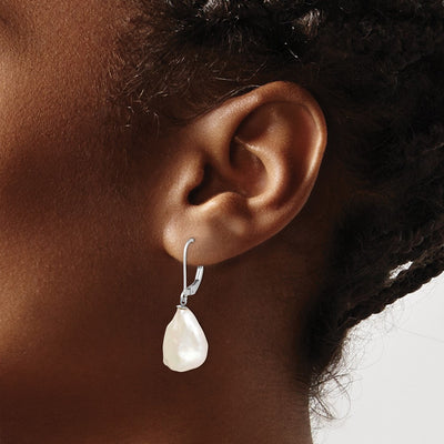 Sterling Silver Rhodium-plated White Keshi Freshwater Cultured Pearl Leverback Dangle Earrings
