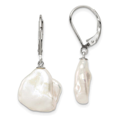 Sterling Silver Rhodium-plated White Keshi Freshwater Cultured Pearl Leverback Dangle Earrings
