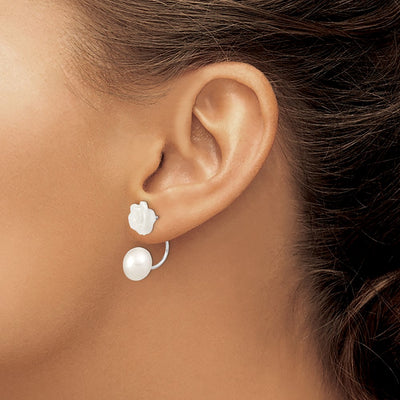 Sterling Silver Rhodium-plated White Button Freshwater Cultured Pearl and Mother Flower Front and Back Post Earrings