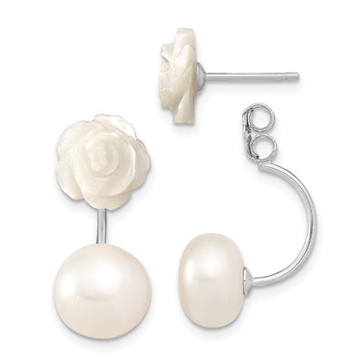 Sterling Silver Rhodium-plated White Button Freshwater Cultured Pearl and Mother Flower Front and Back Post Earrings