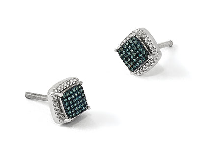 White Night Sterling Silver Rhodium-plated Blue Diamond Square Screwback Post Earrings