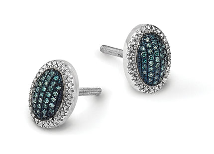 White Night Sterling Silver Rhodium-plated Blue Diamond Oval Screwback Post Earrings