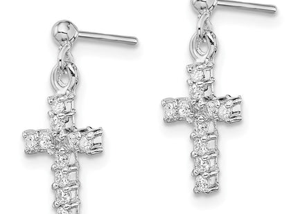 Sterling Silver Rhodium-plated Polished CZ Cross Post Dangle Earrings (Style QE12942)