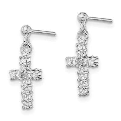Sterling Silver Rhodium-plated Polished CZ Cross Post Dangle Earrings, 19 x 9mm