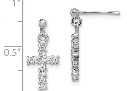Sterling Silver Rhodium-plated Polished CZ Cross Post Dangle Earrings (Style QE12942)